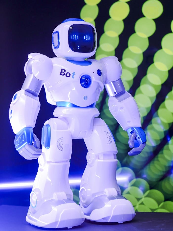 our-services-2 High-tech humanoid robot with glowing LED display and futuristic design.